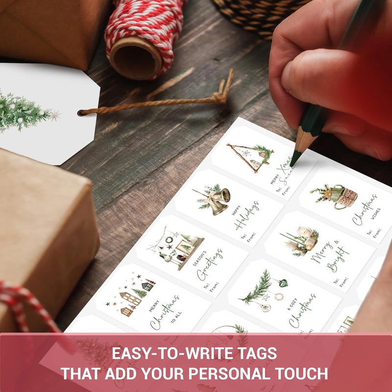 AUDREE 210 Pcs Boho Green Christmas Gift Tag Stickers – Self-Adhesive Rustic Watercolor Holiday Labels – Christmas Name Tags Label Stickers for Xmas Gifts Wrap Presents Box Envelope Decor - Image 3